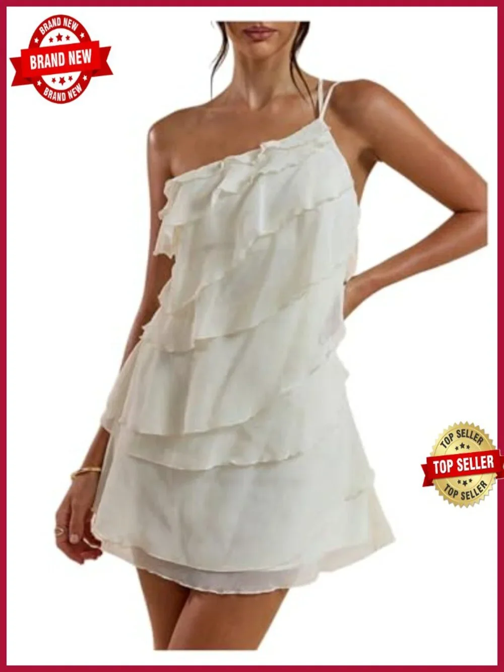 Women's One Shoulder Ruffle Mini Dress Sleeveless Backless Tiered Party
